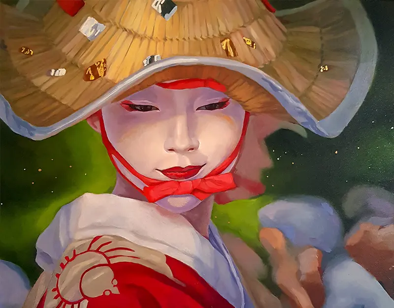 serie of 3 oil paintings about geisha